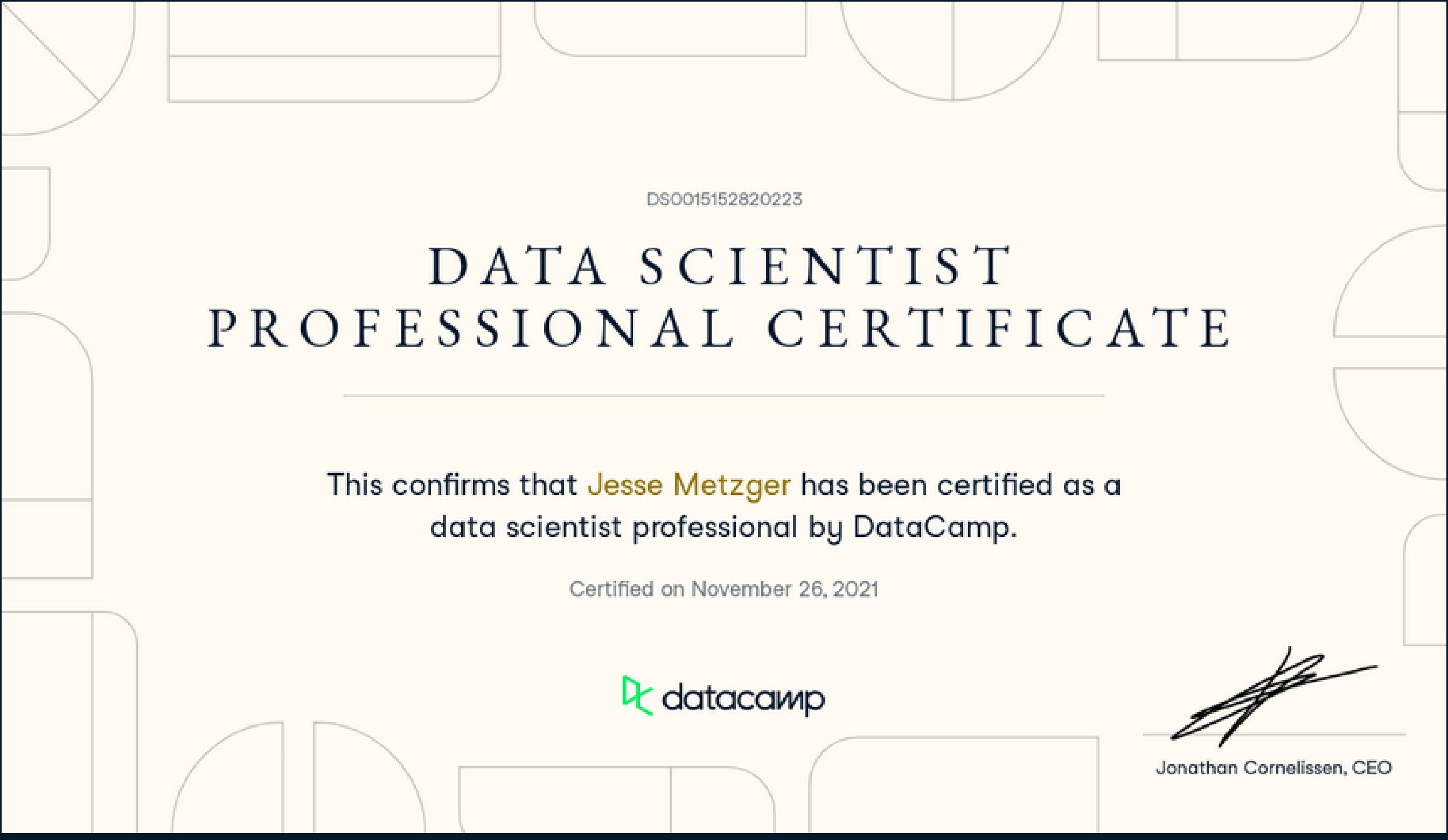 certifcate DataCamp - Data Scientist Professional Certificate