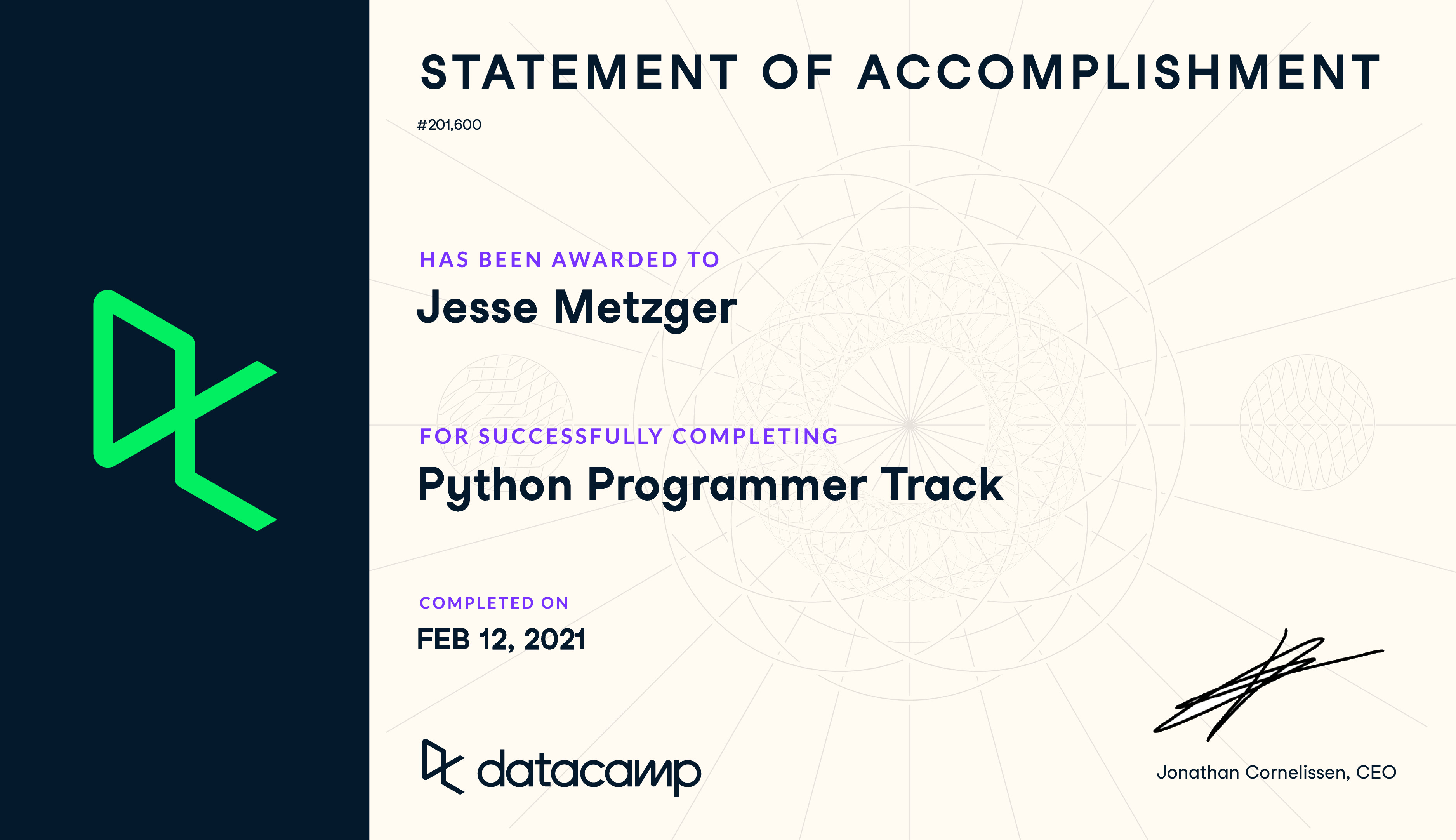 certifcate DataCamp - Python Programmer Track