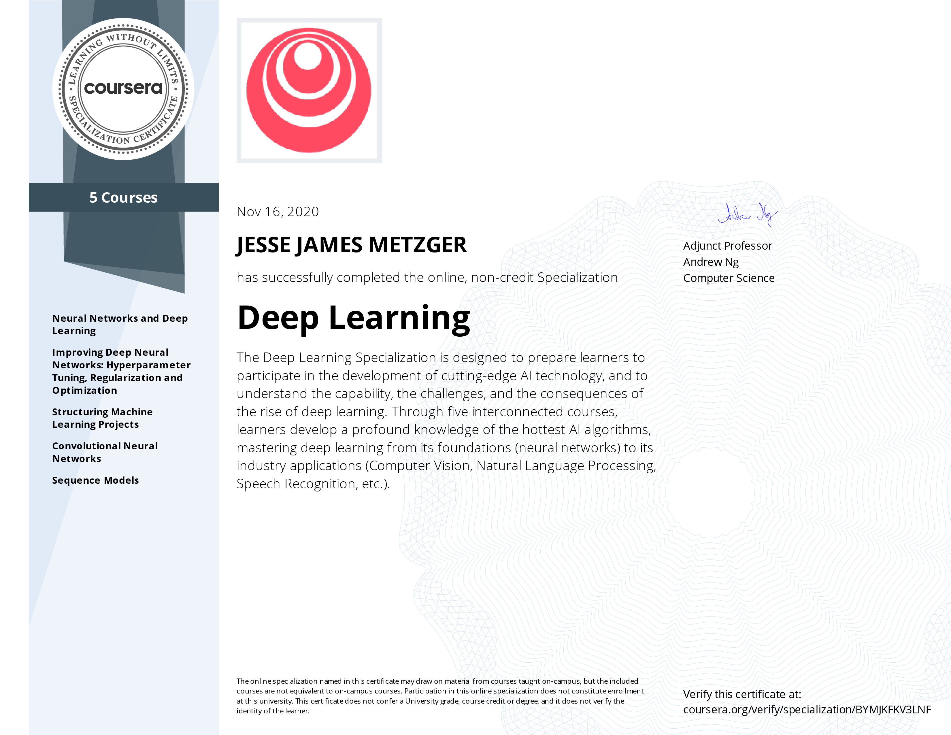 certifcate DeepLearning.AI - Deep Learning Specialization