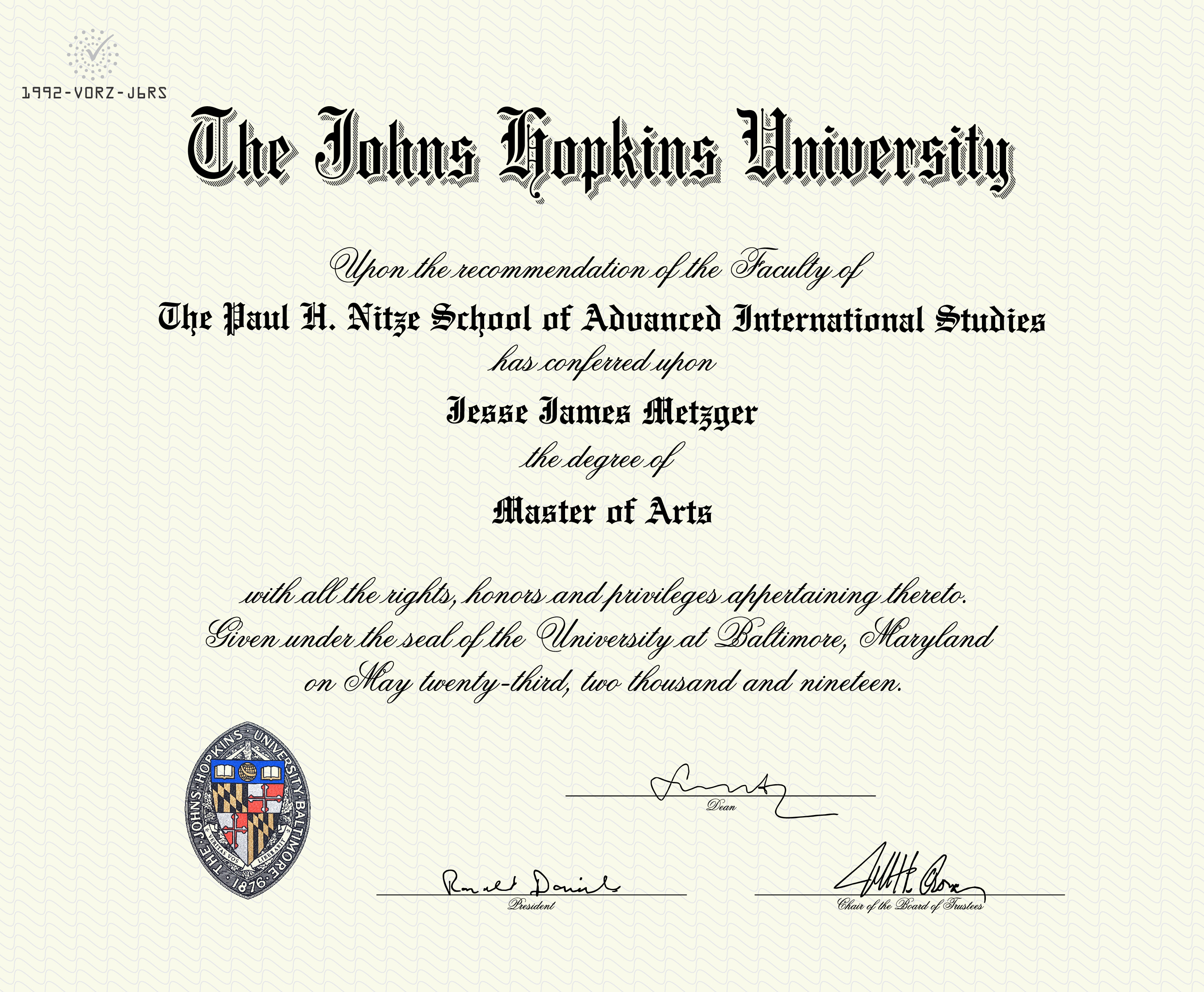 certifcate Johns Hopkins - Master of Arts