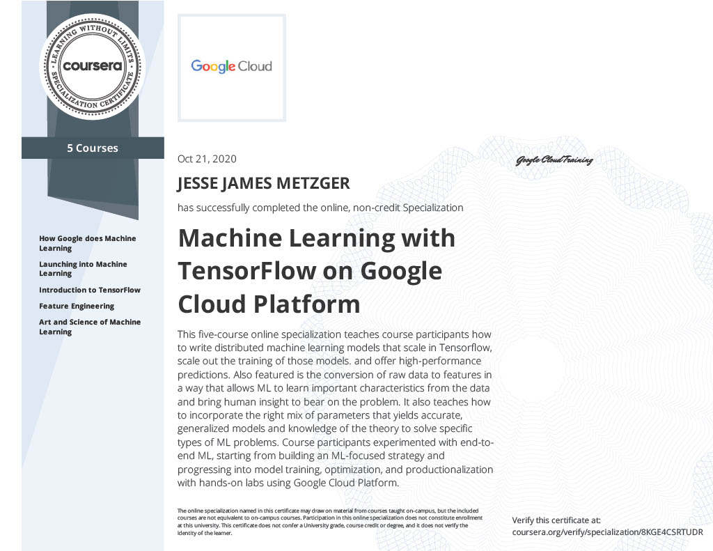 certifcate Google Cloud - Machine Learning with TensorFlow on Google Cloud Platform