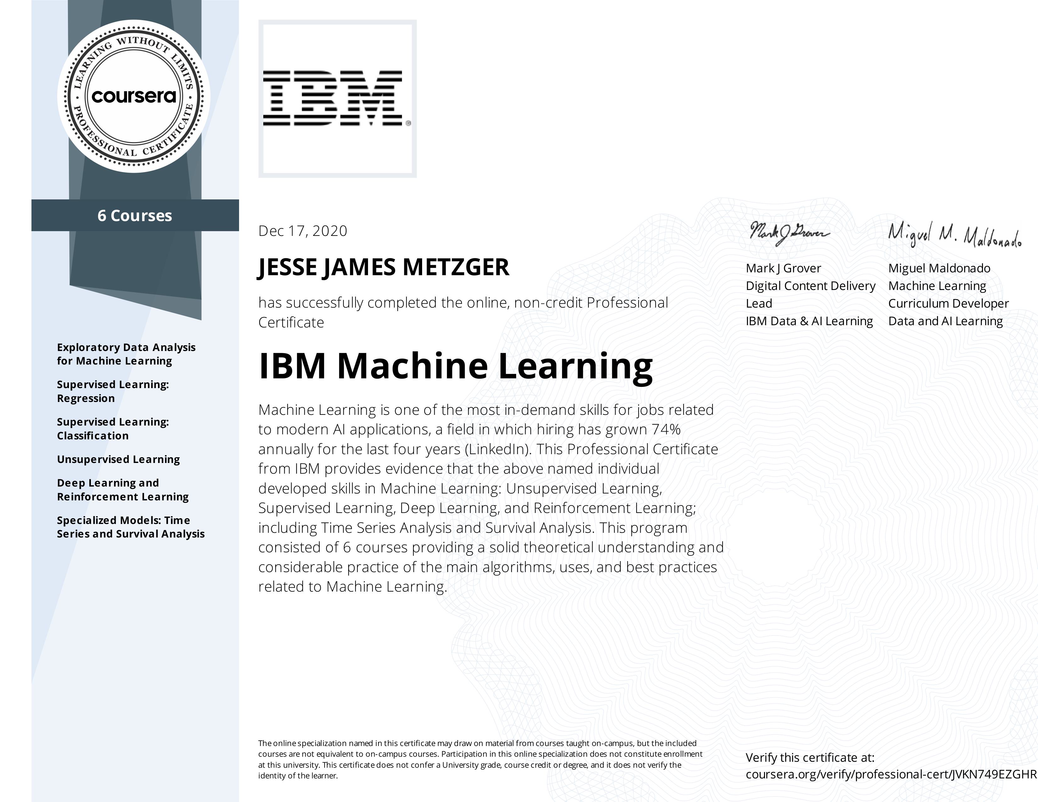 certifcate IBM - Machine Learning