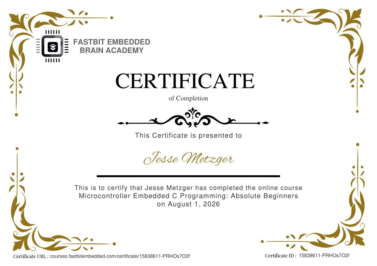 Certificate: FastBit Embedded Brain Academy - Microcontroller Embedded C Programming