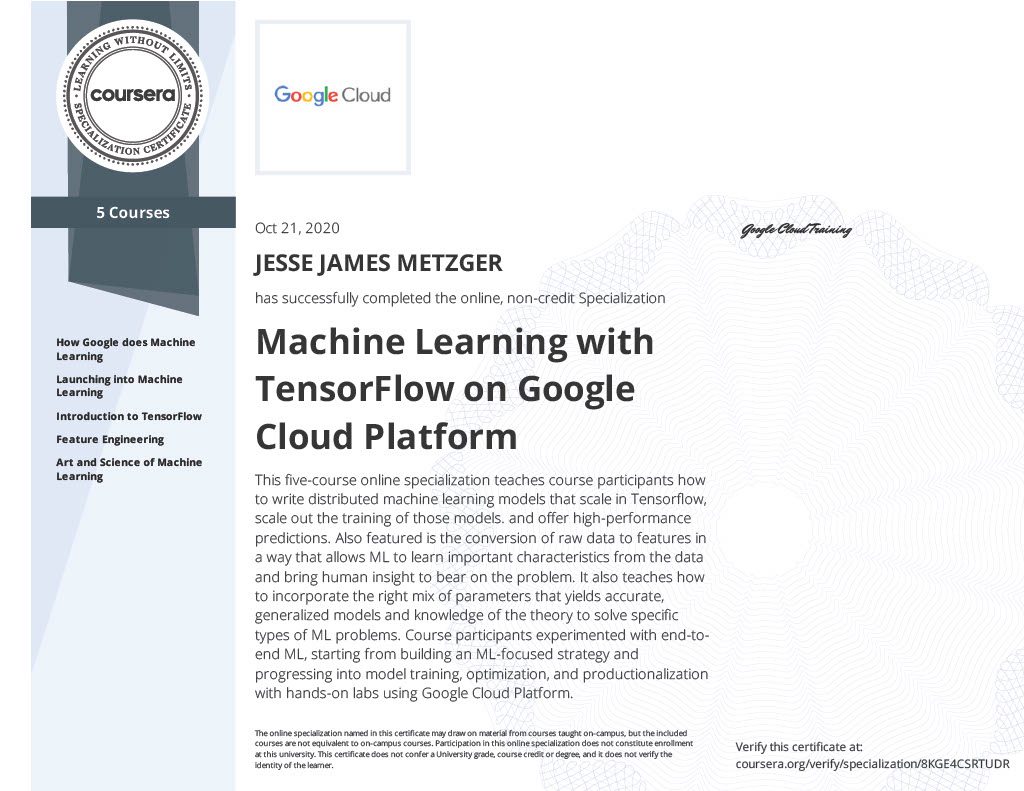 Certificate: Google Cloud - Machine Learning with TensorFlow on Google Cloud Platform