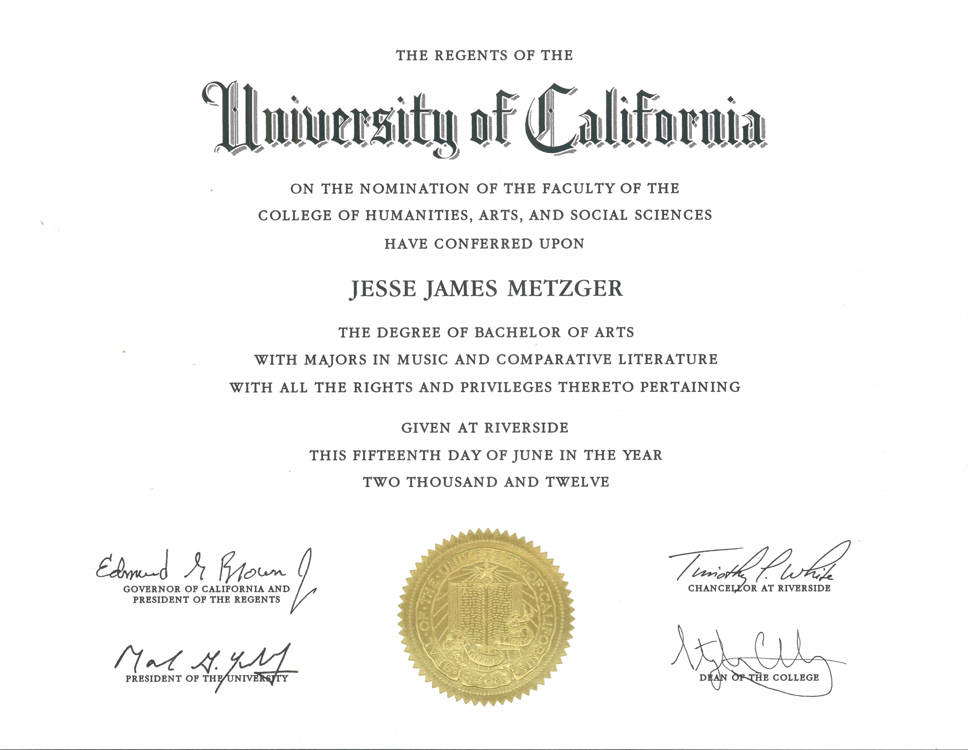 certifcate UC Riverside - Bachelor of Arts